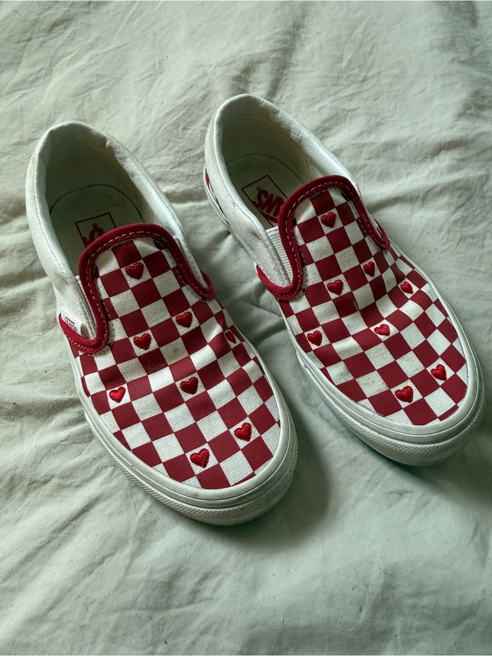 Vans Kids Red & White Checkerboard Slip-On Sneakers with Heart Accents